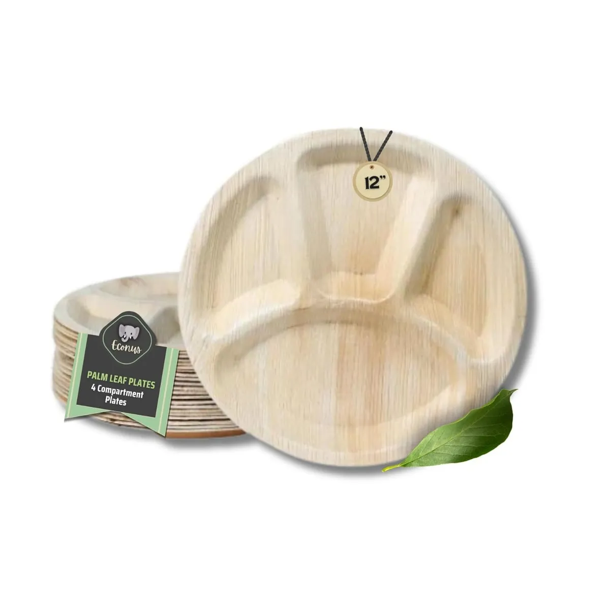 Export Quality Plates |Pack of 50| 12-inch Round with 4 Compartment Partitions Disposable Areca Leaf Plate Biodegradable and Eco-Friendly for Weddings Party Function