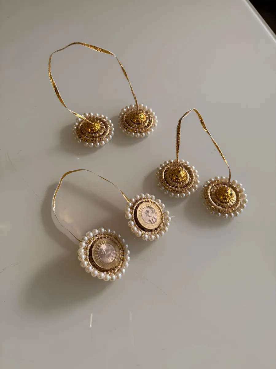 Traditional Badhai Coin with Pearl Border & Hanging Ribbon (Pack of 20 Assorted Pieces)