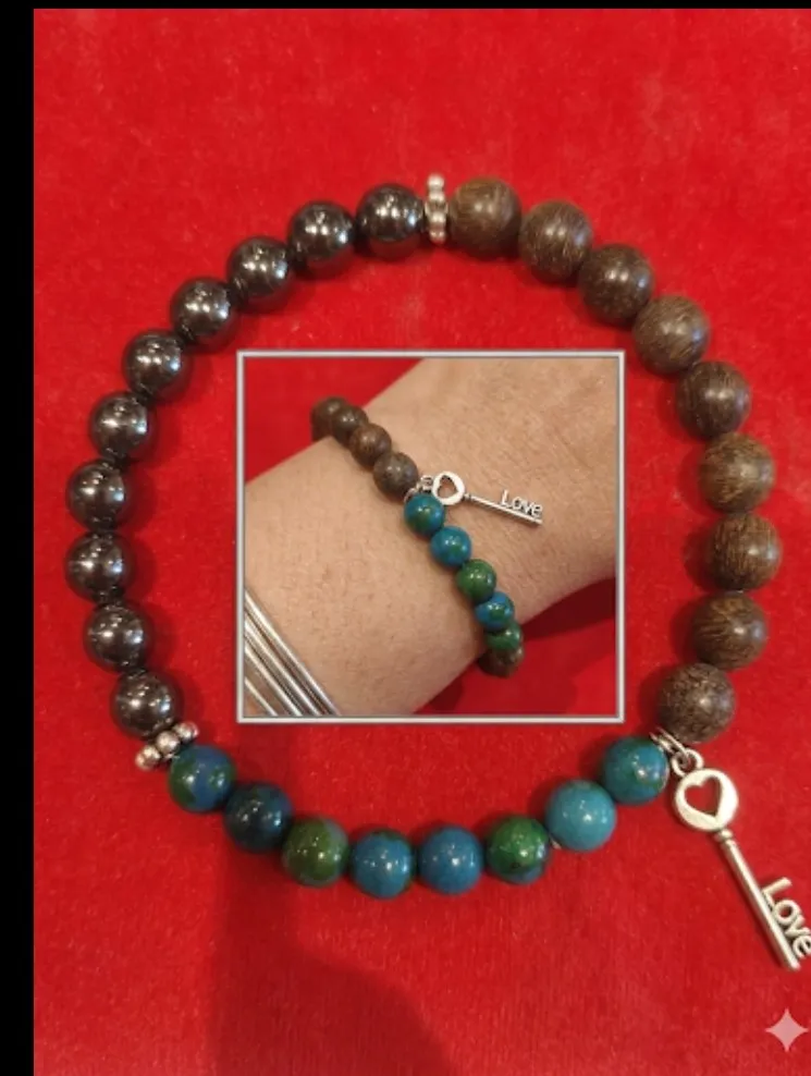 Hematite & Earth-Tone Beaded Energy Bracelet with 'Love' Key Charm for Hemoglobin in Blood
