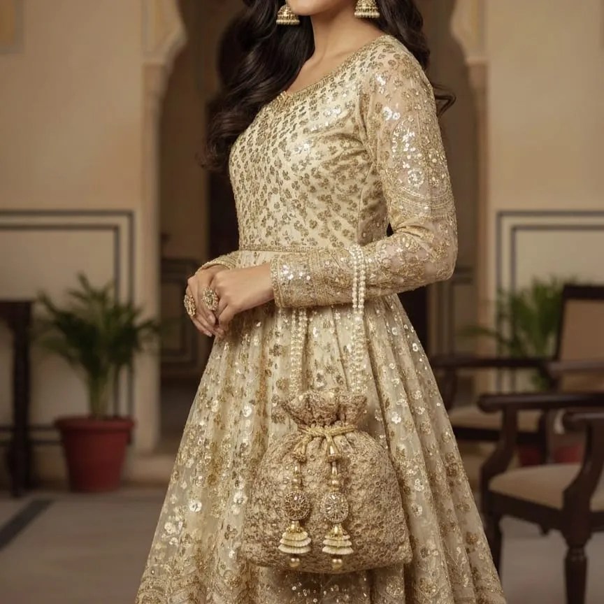 Gilded Grace: Artisan Gold Cut-Work Festive Potli Bag