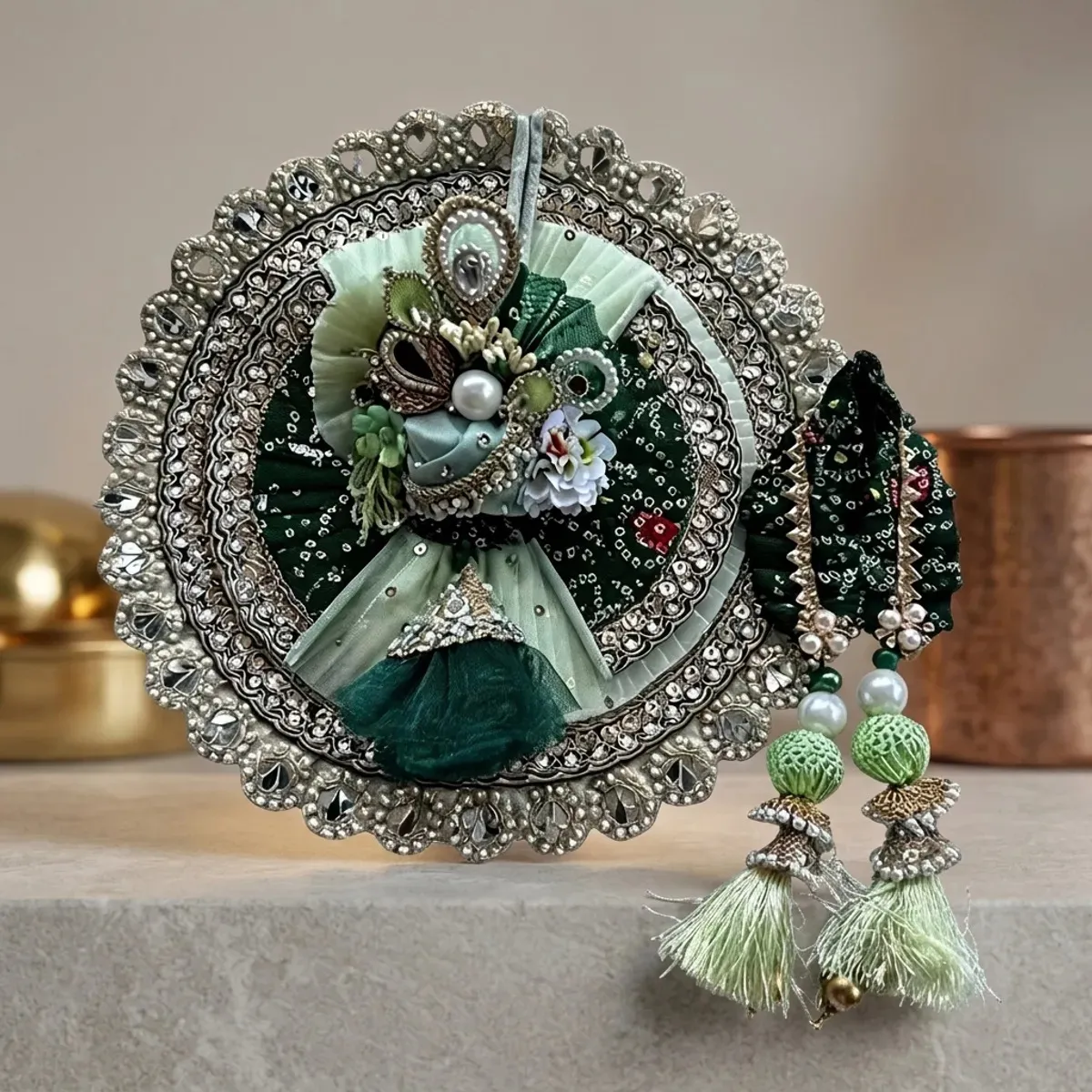 Kanha Ji Designer Green Poshak with Mukut (6 Inch)– Traditional Laddu Gopal Dress Set