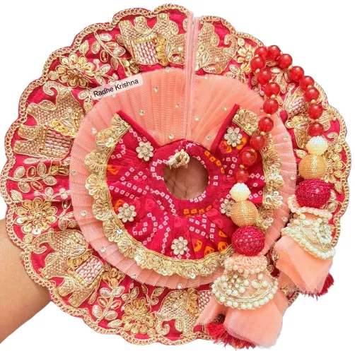 Kanha Ji Peach & Red Designer Poshak with Mukut (6 Inch) – Traditional Laddu Gopal Dress Set