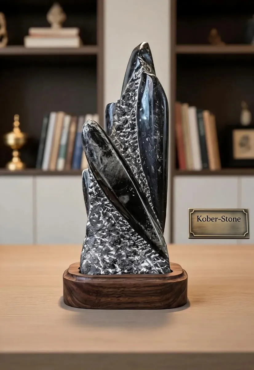 Sacred Shaligram Kuber Stone – Authentic Orthoceras Fossil Matrix on Wooden Stand for Wealth, Vastu & Divine Abundance