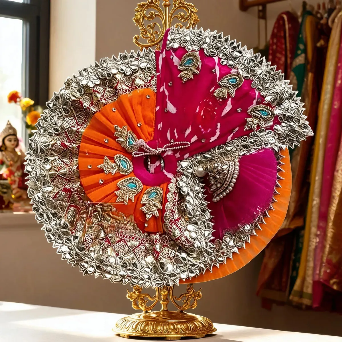 Kanha Ji Designer Poshak with Mukut (6 Inch) – Pink & Orange Traditional Dress Set