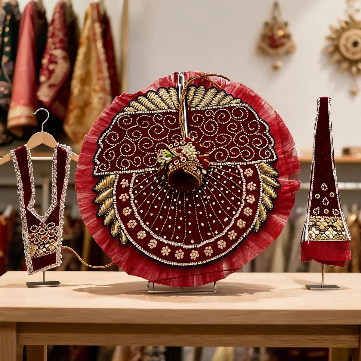 Kanha Ji Royal Red Designer Poshak (10 Inch) – Premium Handcrafted Dress for Laddu Gopal