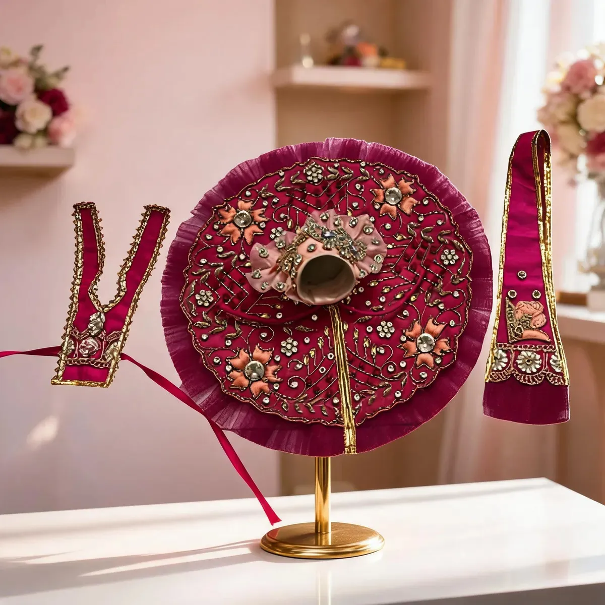 Kanha Ji Bright Pink Designer Poshak (10 Inch) – Handcrafted Premium Dress for Laddu Gopal