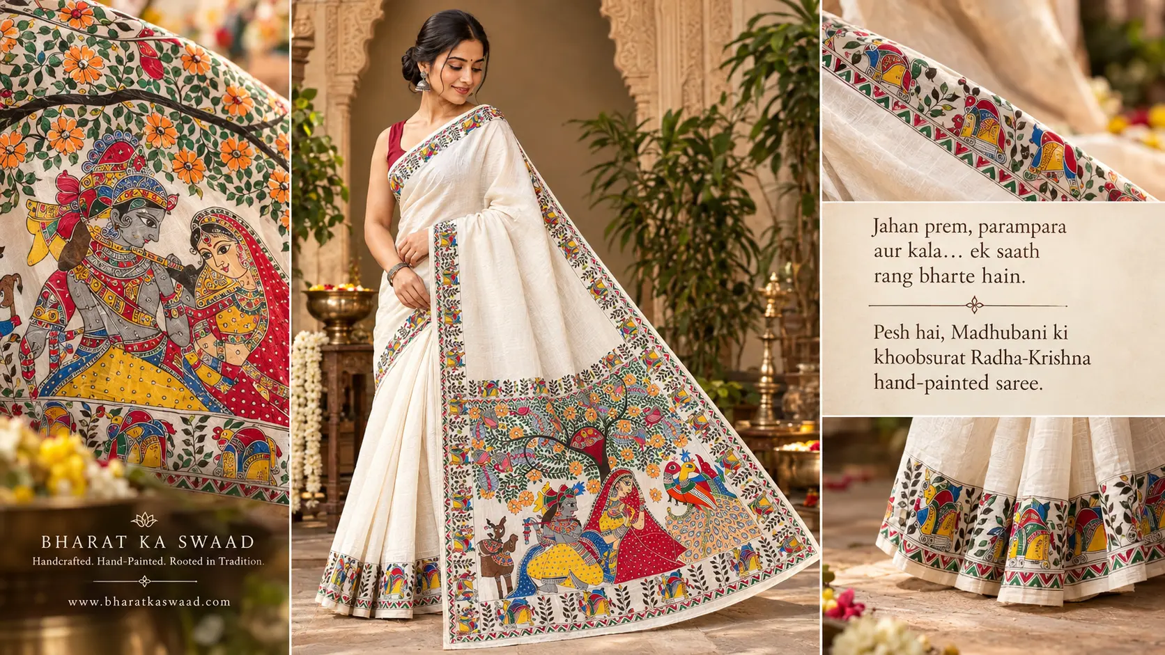 Madhubani Radha Krishna Hand-Painted Saree – Traditional Mithila Art