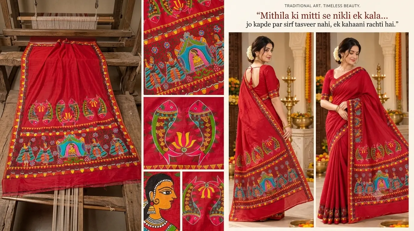 Madhubani Folk Art Handcrafted Saree – Red