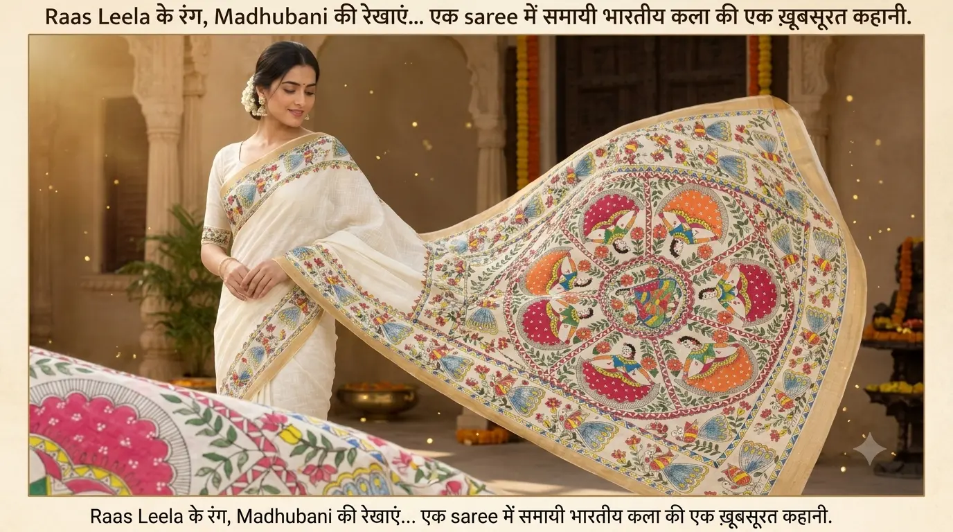 Madhubani Raas Leela Handcrafted Saree – White & Yellow