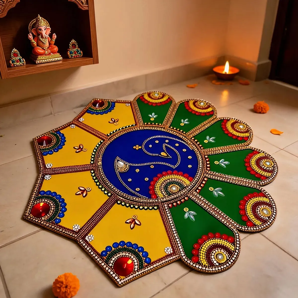 Traditional Diya & Peacock Rangoli – 12 Inch